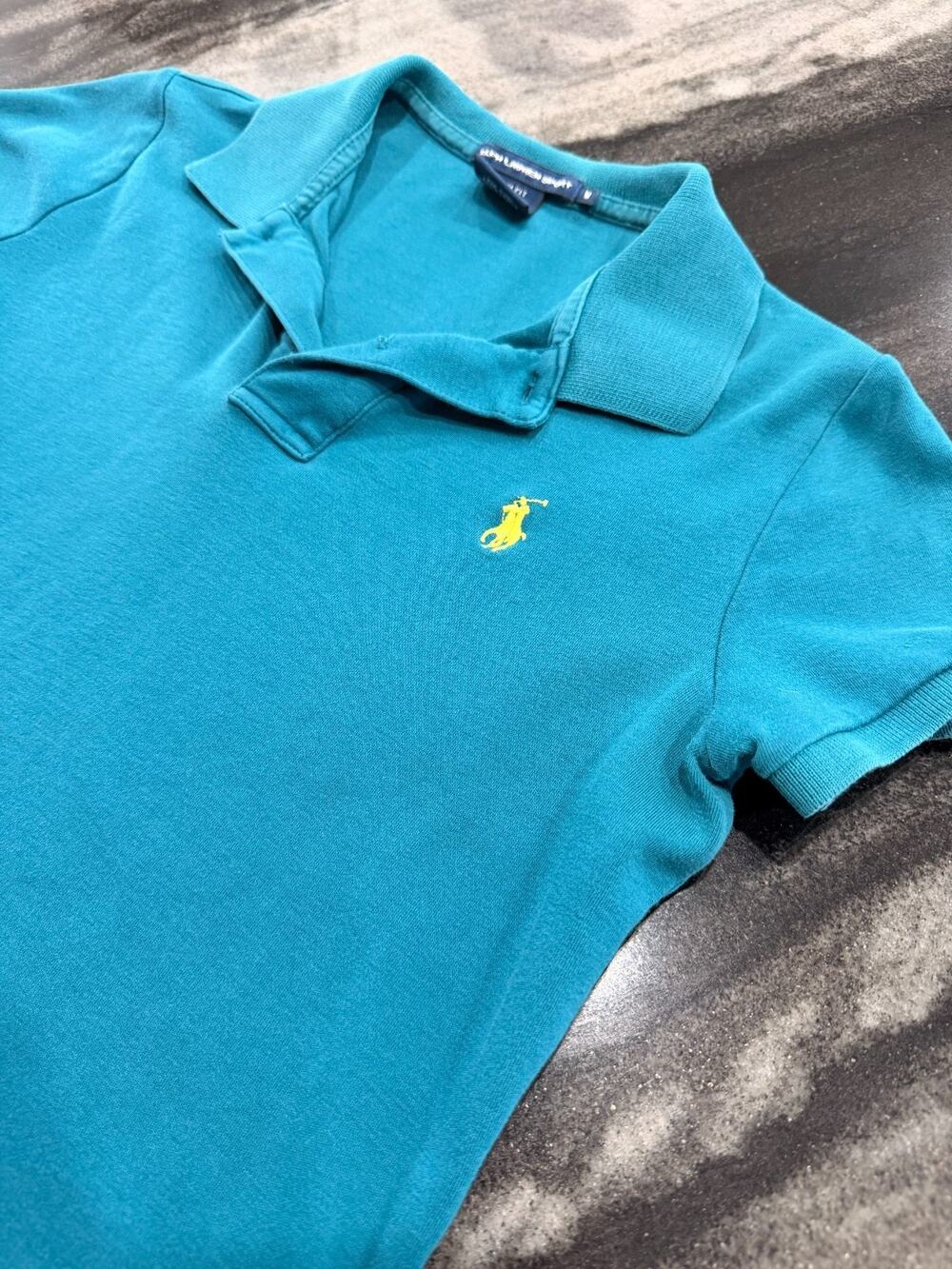 Ralph Lauren Sport Womens Medium Slim Fit Teal Polo Shirt Yellow Pony Cotton Top